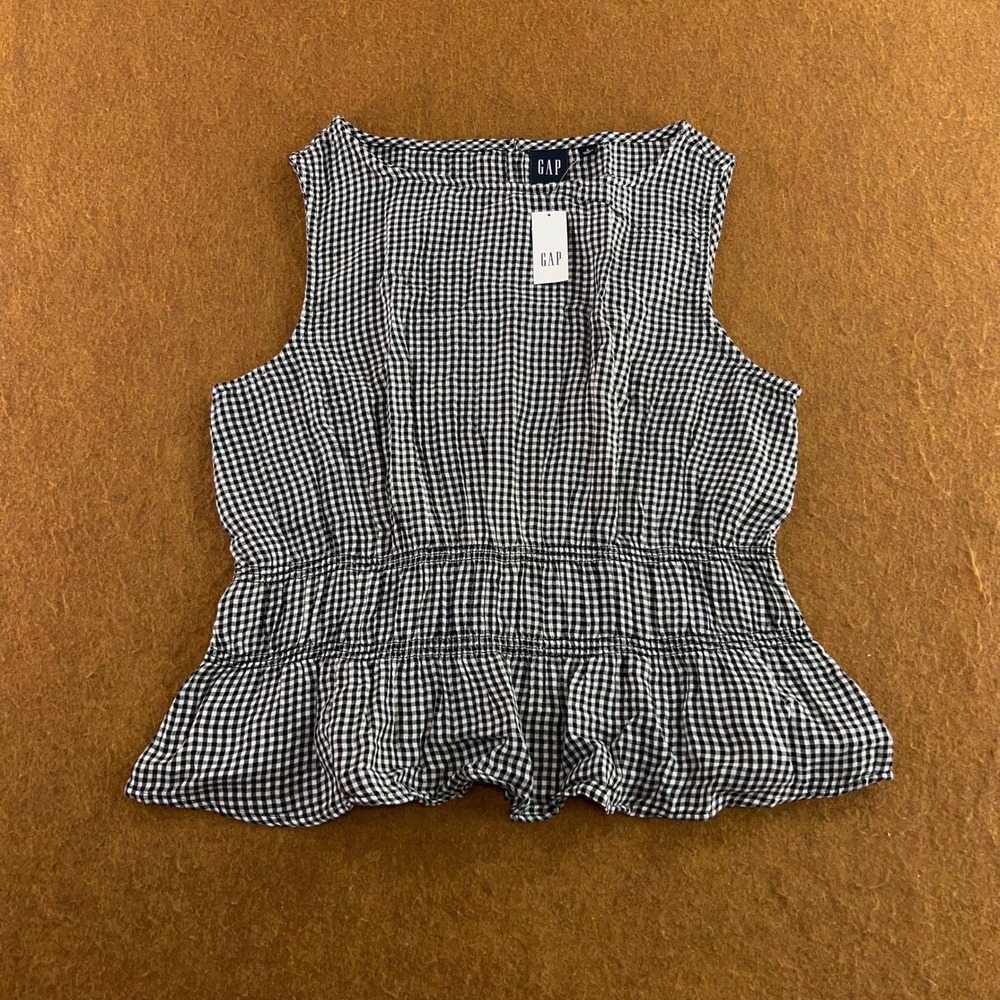 Gap Womens Large Black Gingham Smocked Peplum Sleeveless Top